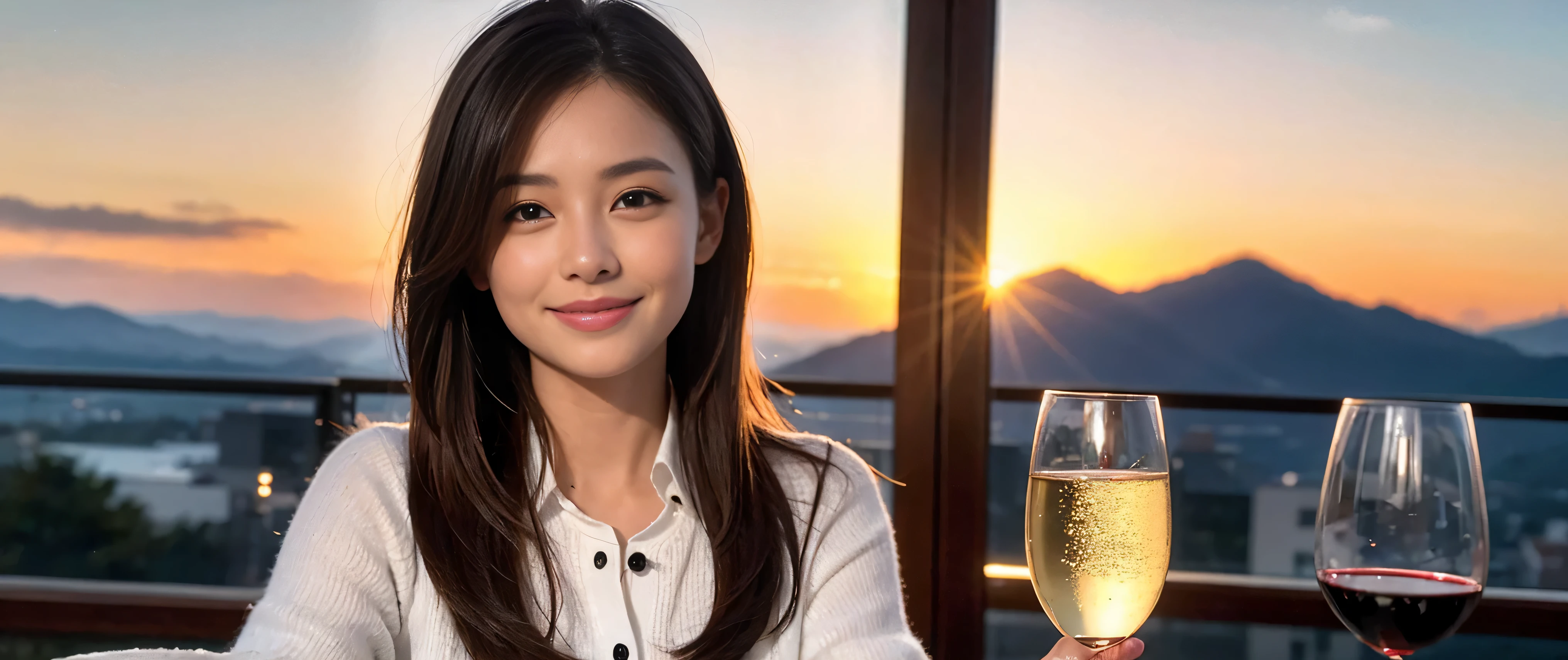 ((highest quality、8k、masterpiece:1.3))、Beautiful woman perfect body:1.4、Slim body、((Bob Hale、Straight hair:1.2))、 Ultra-high resolution, Bright image、2. The beauty of wine, Beautiful Face, blue eyes, Beautiful Eyes, The light shines on your face, Blushing your nose, short hair,Spectacular view of the sunset sky and clouds、Amazing mountain views、A bright smile、A lovely woman with a smile、bright face、Fox face、lady、Champagne、Wine bottle、wine glass、red wine 、Appetizer、Italian food、Two beauties、brown hair、Shortcuts、Long sleeve shirt、Winter Fashion、dress、Wine bottle、sparkling wine、Pretty Woman 1, (slim face), (brown hair), (Shortcuts), cheeks turn a little red, (36 years old), 34 years old, charming beauty、restaurant, Nova Frog Style, actress, model, Upper Body, White wine, slim, wine glass, wine glass placed in the middle, smile, (smile: 1.15), Beautiful Eyes, Strong light and shadow,Moist Body:1.5、Delicate eyes、brown hair、The hair is very shiny、