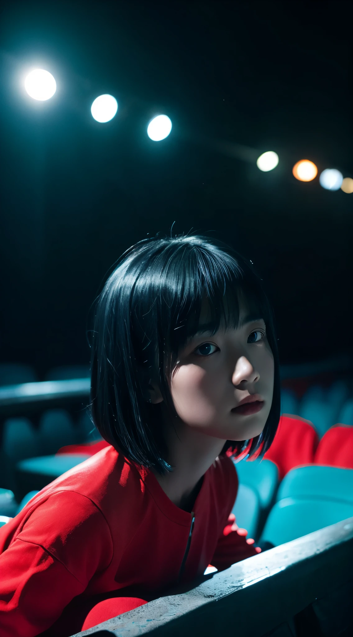 Polychrome, One girl, night, dark, Black Hair, View your viewers, Upper Body, In-person audience, Limited palette, black background, Shine,