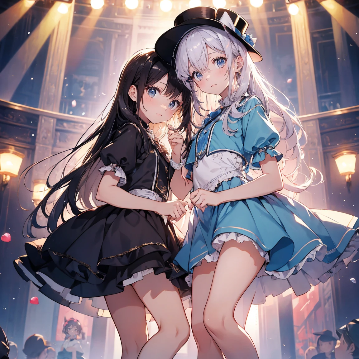 highest quality, Kindergarten children, Blue Top Hat,  Pearl ball, revealing clothes,very shy,blush,Black underwear,watching the audience,Fantasy