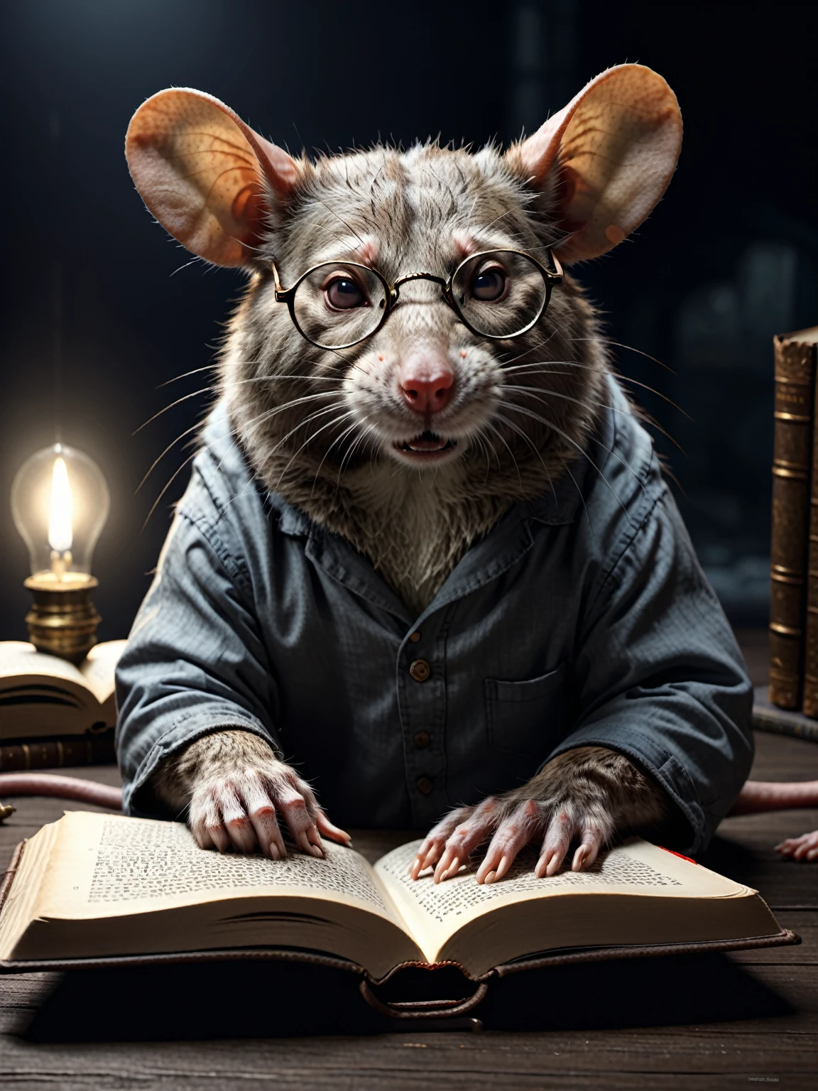 a picture of a rat in the dark, reading a book has glasses closeup hyperreal, detailed, realistic, 8k uhd, high quality