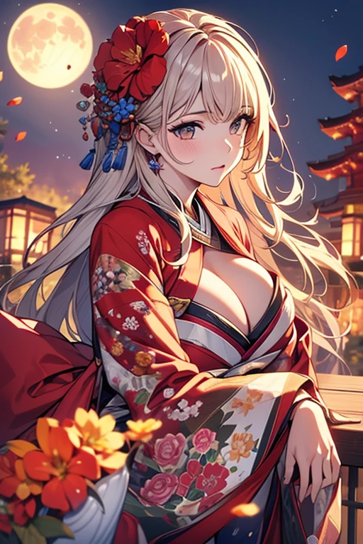 1 person female,Masterpiece,detailed body,Detailed facial expressions,Beautiful Face,A profusion of flowers,Flowers falling,Alluring,sex appeal,Japanese style,(Big red full moon)