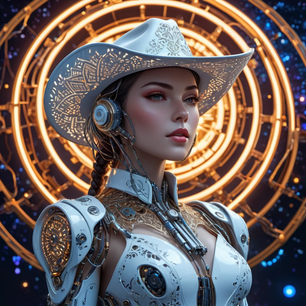 Complex 3D rendering ,Beautiful porcelain contoured mechanical Cowboy, cyborg, integrated circuit parts, Cowboy hat, rim light, Vibrant details, Luxury Cyberpunk, lace, hyperactual, anatomical, cable wires, microchip, elegant, beautiful Starry Sky background, octane rendering, H. r. Fixture style, 8k, best quality, masterpiece, illustration, extremely delicate and beautiful, Very detailed ,CG ,unity ,wallpaper, (actual, photo-actual:1.37),amazing, Exquisite details, Silver ead