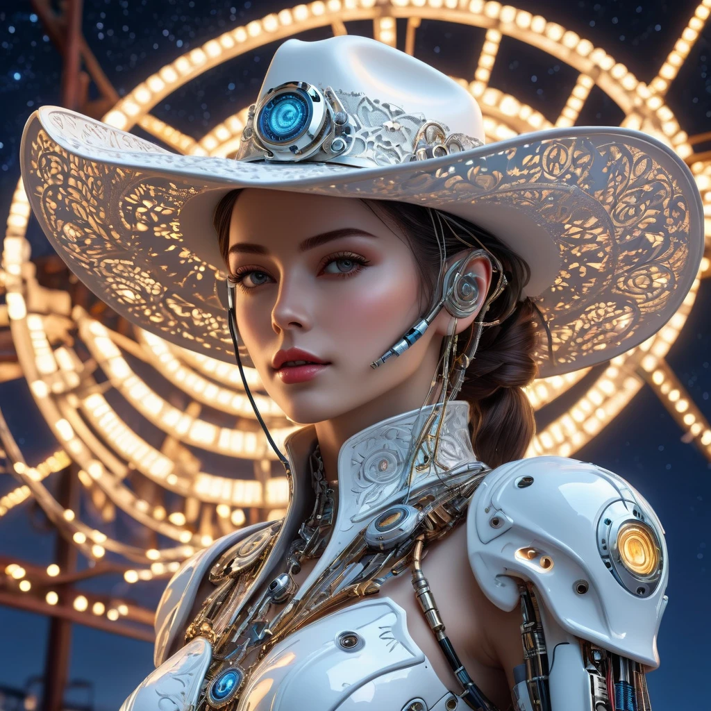 Complex 3D rendering ,Beautiful porcelain contoured mechanical Cowboy, cyborg, integrated circuit parts, Cowboy hat, rim light, Vibrant details, Luxury Cyberpunk, lace, hyperactual, anatomical, cable wires, microchip, elegant, beautiful Starry Sky background, octane rendering, H. r. Fixture style, 8k, best quality, masterpiece, illustration, extremely delicate and beautiful, Very detailed ,CG ,unity ,wallpaper, (actual, photo-actual:1.37),amazing, Exquisite details, Silver ead