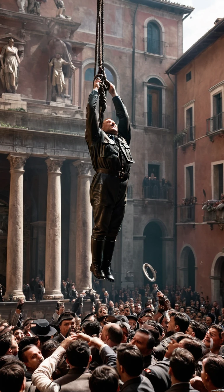 period piece masterpiece, Mussolini's body being hoisted upside down in Piazza Loreto, while onlookers jeer and hurl insults, background cinematic, hyper realistic, ultra detailed hyper realistic, photorealistic, Studio Lighting, reflections, dynamic pose, Cinematic, historical accuracy, Color Grading, Photography, Shot on 50mm lens, Ultra-Wide Angle, Depth of Field, hyper-detailed, beautifully color, 8k
