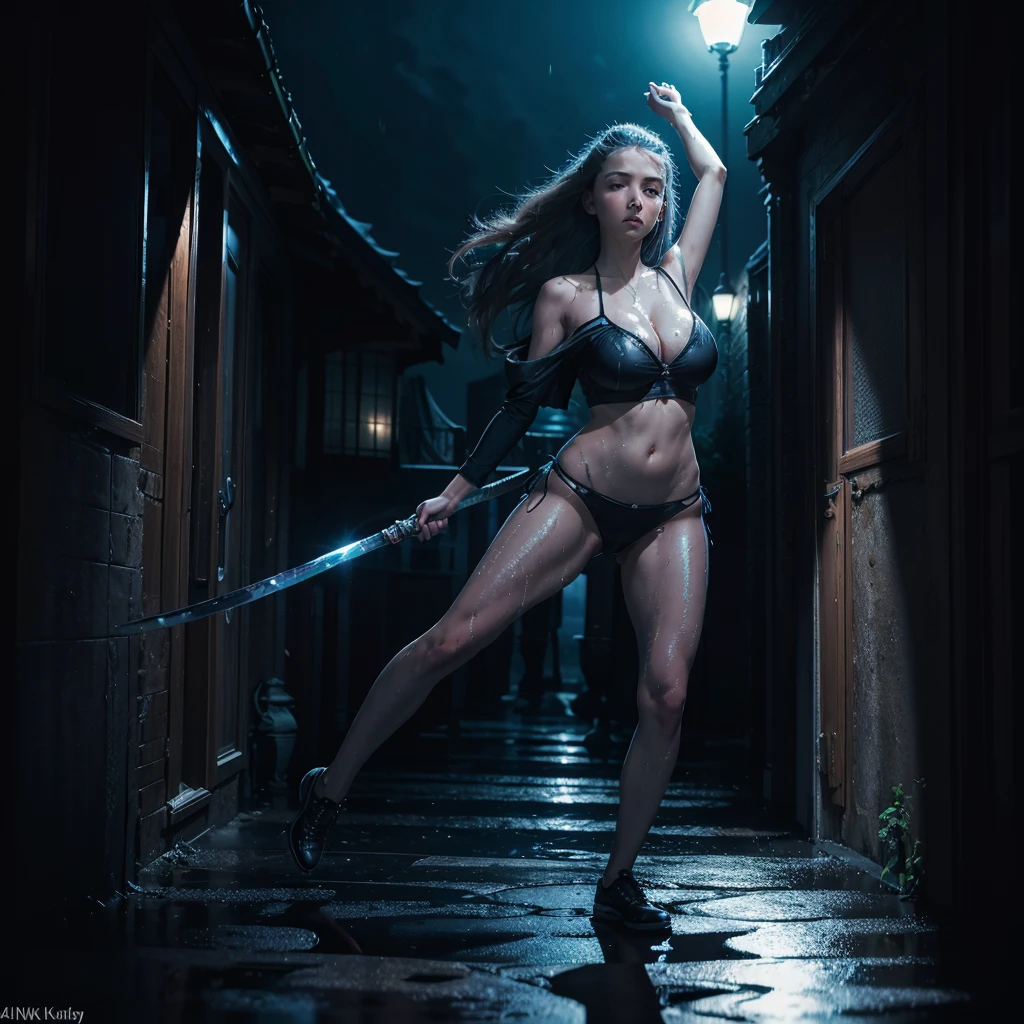 (best quality,4k,highres,ultra-detailed,masterpiece:1.2),ultra-fine painting,physically-based rendering,professional,sharp focus,studio lighting,bokeh,[detailed],[rainy],female,sexy outfit,[weapon Katas],[night],[Ninja courtyard],[ninja],[fierce expression],[motion blur],[reflection],[dripping water],[mysterious atmosphere],[dynamic pose],[intense eyes],[wet hair],[silhouette],[high contrast],[dark shadows],[sleek movements],[misty],action,[midnight blue],[neon lights],[moonlight],[puddles],[wet ground],[sleek movements],[dangerous beauty]