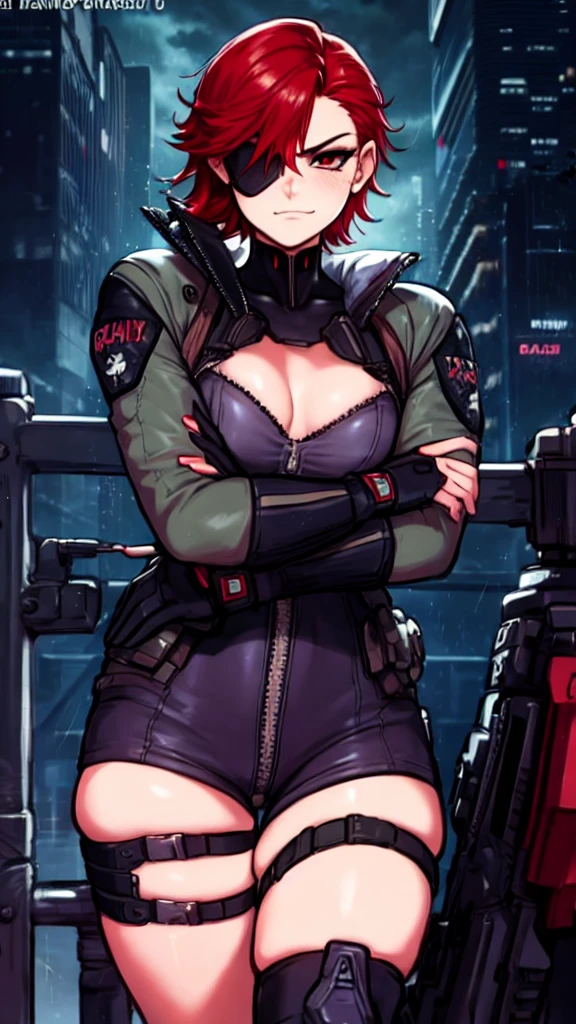 (masterpiece), best quality, expressive eymasterpiece, high-detail, sketch, dino crisis, [solo female], (aim pose, fight with raptor, holding mp5, holding weapons), black bodysuit, gray fabric layer under bodysuit, 30 year, bare shoulders, tactical fingerless glove, best quality, masterpiece, best quality, finely detail, beautiful detailed eyes, ultra detailed, extremely beautiful CG, super detailed skin, best quality, intricate, {{high quality}}, extra colors, 2D, megapixel, perfectionism, accent lighting, full HD, 4K, sukeban, sukeban deka, delinquent,) (1girl, full body, 1girl, solo female, mature female, full body, contrapposto, big boss metal gear, the boss metal gear, Escape from New York, akira, blade runner, die hard, metal gear solid v, snake plissken, rex power colt, Far Cry 3 Blood Dragon,) ( collarbone, red hair, red eyes, short hair, weird red hair, short red hair, evil smile, small_breasts, best quality, beautifully detailed face, ray tracing, DOF,HDR, smoking) (fingerless_gloves,  fully clothed, gloves, cigarette, jacket, eyepatch on one eyes, eyepatch on the left eyes, tactical gear, tactical uniform, camouflage bodysuit, sneaking_suit) gainax anime style, studio gainax art, studio gainax illustration,inspired by Masamune Shirow, studio gainax, by Masamune Shirow, beautiful charcter from evangelion (outdoors, (night:1.1), military base background, radio tower background, science fiction background, futuristque background , outdoor, akira city sky line background, official art, raining, rain, storm, science fiction military base background), perfect face, 