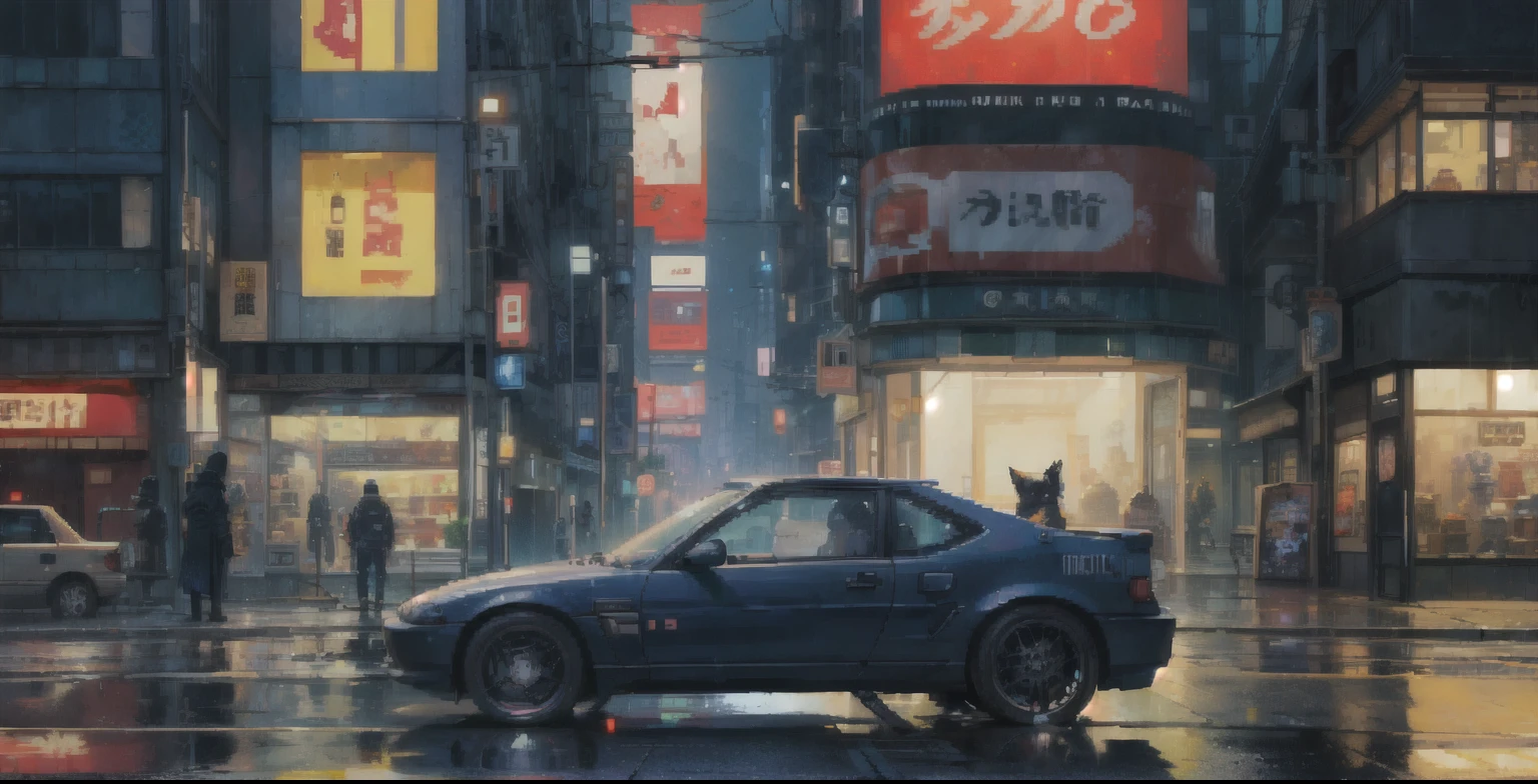 (pixel art_1.1),Man, sword, cat, shop, Cyber punk, japan, Drizzle, Puddle, Motorcycle, car, night,