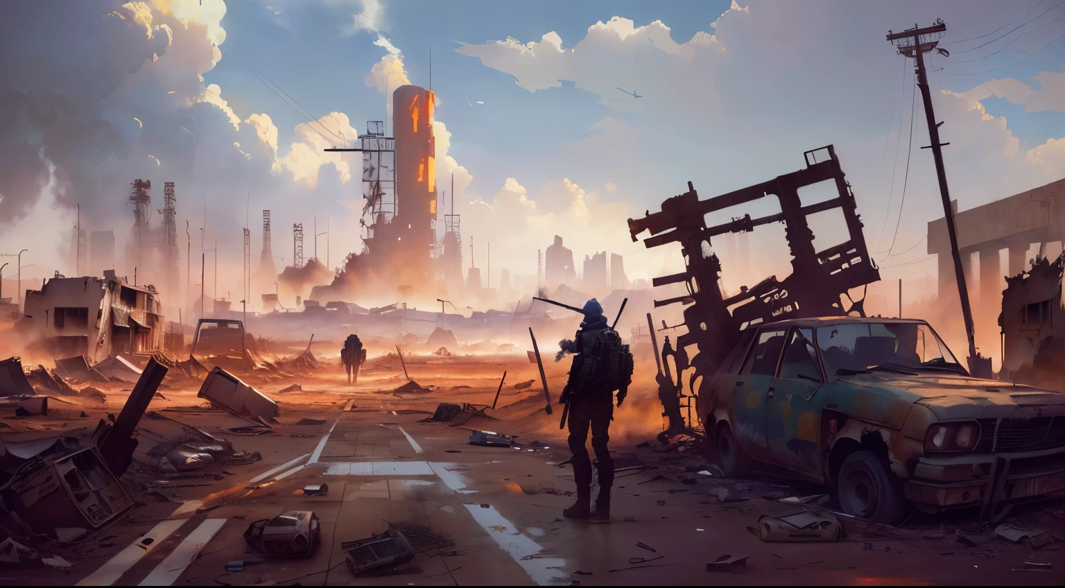 Oil painting scene depicting a destroyed city，Among them is an abandoned car and a helicopter, Fallout concept art, 后世界末日wasteland, Post-apocalyptic wasteland, inspired By Ismail Inceoglu, 在一片wasteland上, In the post-apocalyptic wasteland, post apocalyptic landscape, wasteland, By Ismail Inceoglu, radioactive dust environment, 反烏托邦wasteland, In the Fallout Wasteland