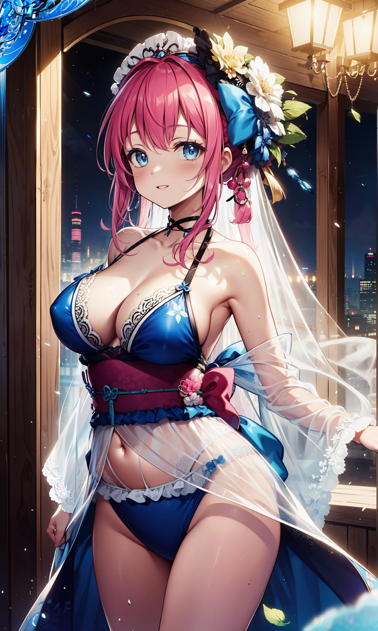 best quality,a beautiful girl,Obsessed,Holy,having fun,(Swimwear with Kimono),Pink hair,blue eyes,(Fabric headwear),Super super details,Ruffles,Lace,multicolor cloth,embroidery,pattern,Deco,(exquisite clothing),See-through clothing,bedroom,night,shine,soft cloth,(dazzle),(Beautiful and delicate face),Movie Lighting,The only person,Fluttering skirts,Anime style