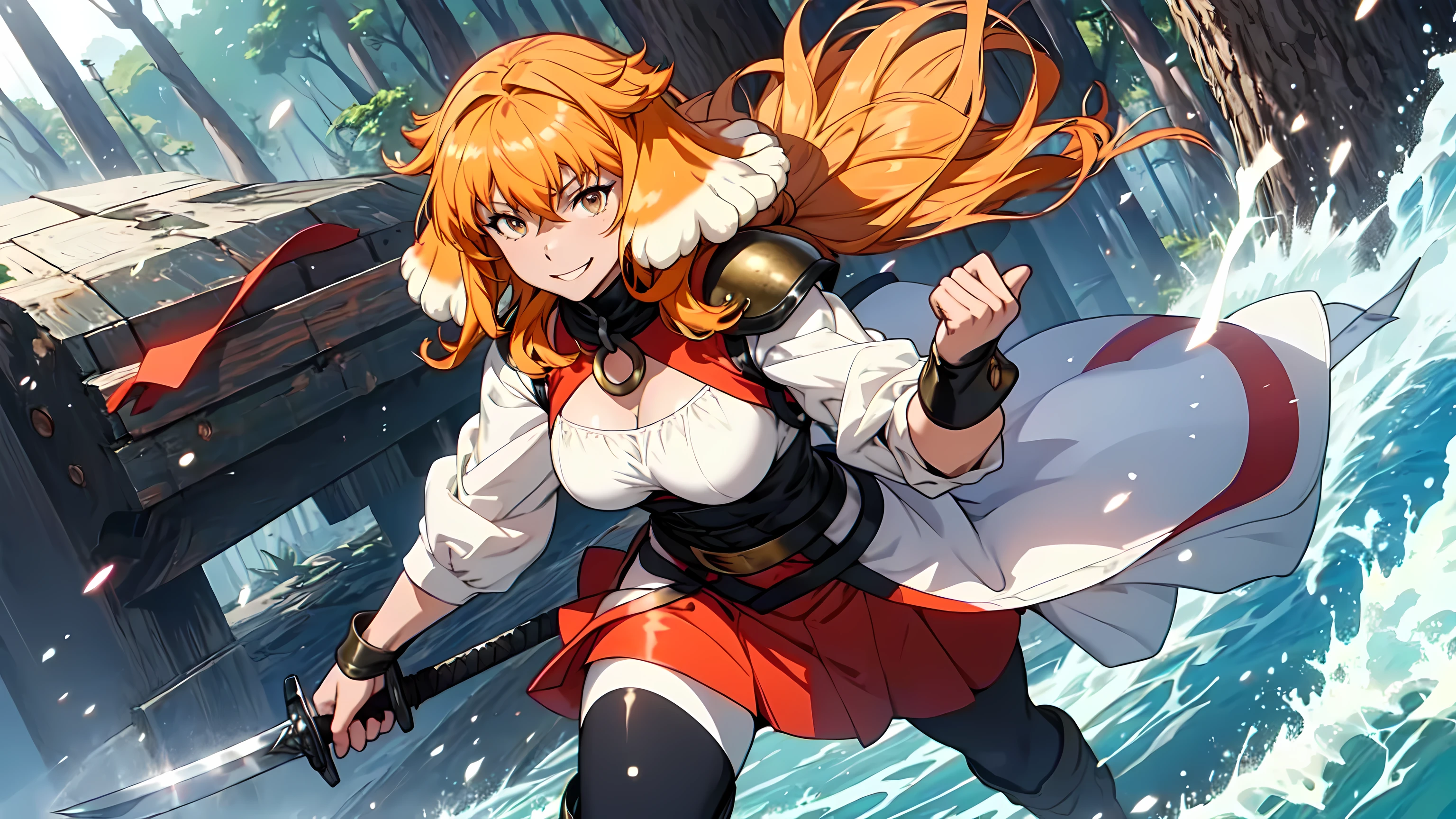 Anime, roxanne, dog ears, (dog tail), flying through the sky, golden leotard armor, In Battle, Chaos, holding sword in hand, masterpiece ,pantyhose, boots,magicalgirl body suit, large skirt, smile, long skirt,standing, forest, gold eyes