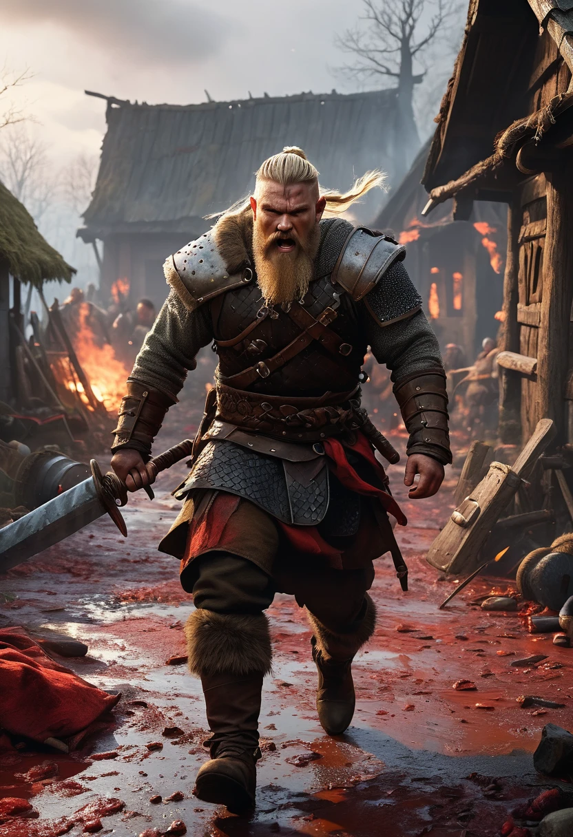 "(best quality, masterpiece:1.2), ultra-detailed, realistic:1.37, Orc assault, scandinavian, viking Man :1.1, 35 years old, chubby, natural body, light blonde hair braids, medieval viking clothing), raiding village, brutal battle, burning houses, smoke-filled sky, ferocious expressions, shield and sword, grim determination, muddy battlefield, splattering blood, distressed villagers, chaos and panic, scattered belongings, vivid colors, dark and moody lighting", illustration, 4k, highres