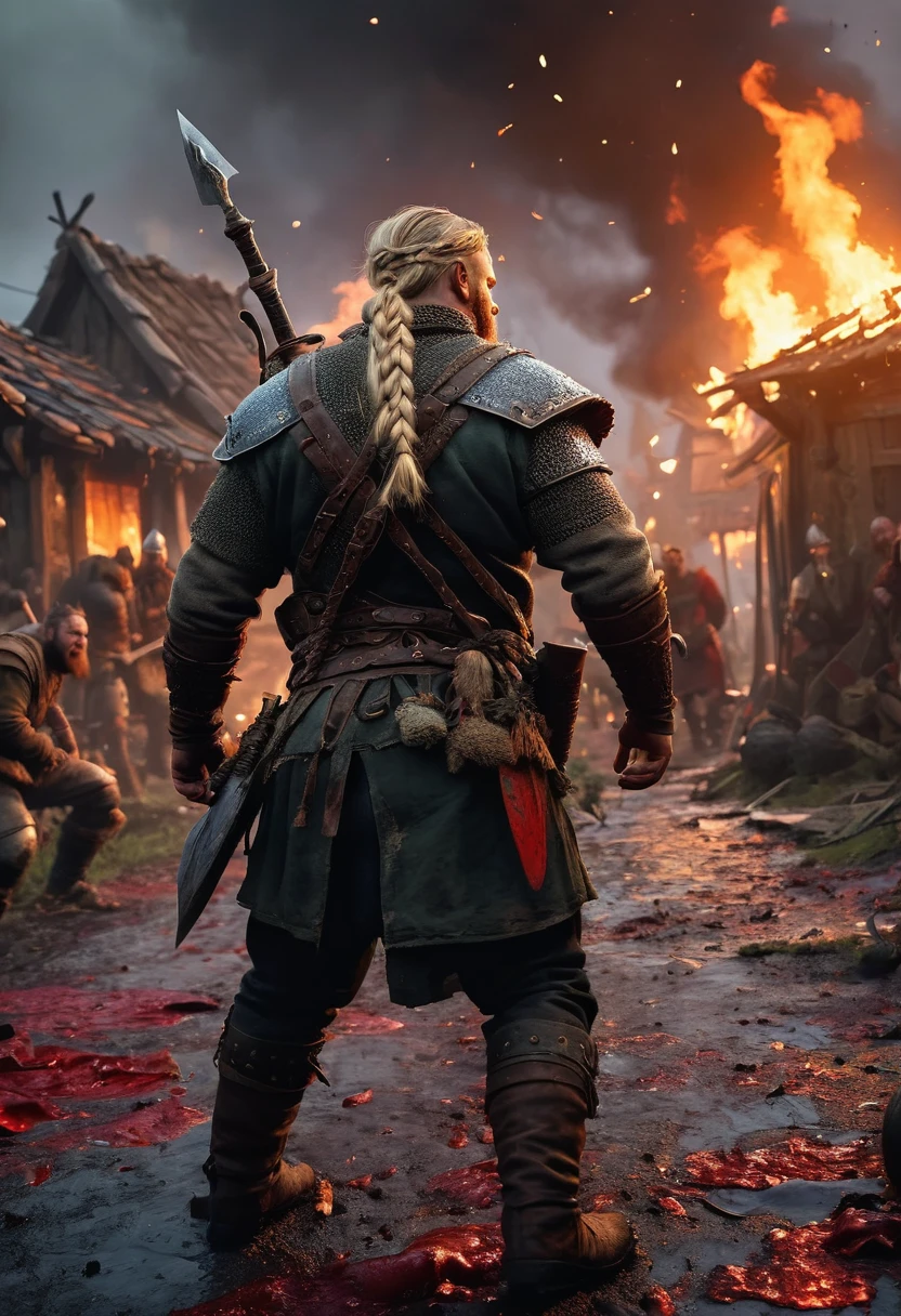 "(best quality, masterpiece:1.2), ultra-detailed, realistic:1.37, Orc assault, scandinavian, viking Man :1.1, 35 years old, chubby, natural body, light blonde hair braids, medieval viking clothing), raiding village, brutal battle, burning houses, smoke-filled sky, ferocious expressions, shield and sword, grim determination, muddy battlefield, splattering blood, distressed villagers, chaos and panic, scattered belongings, vivid colors, dark and moody lighting", illustration, 4k, highres