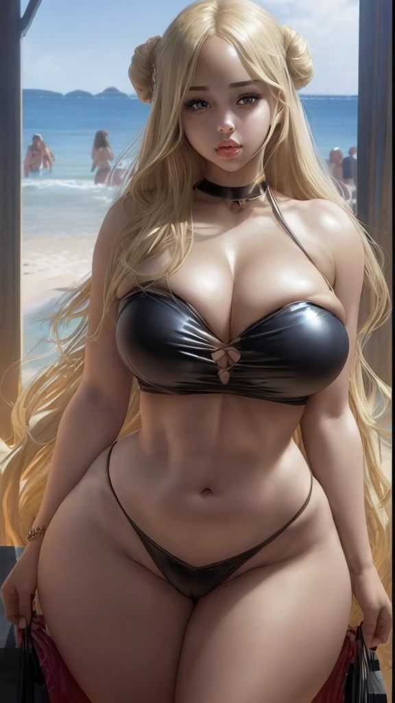 Beautiful girl, , bikini , straight blonde hair, big breasts, curvy body، white skin , wide hips, big lips, thick thighs , big ass،