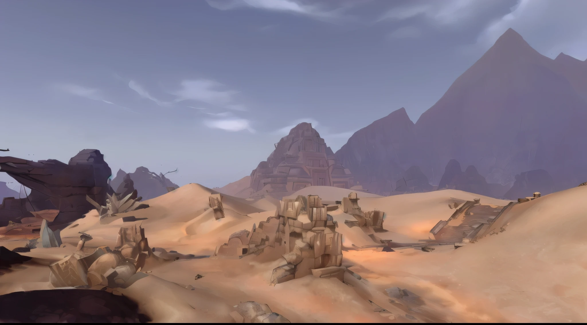 there is a desert there，A mountain in the background, Barren wasteland, Brass Dwarf Ruins, War-torn landscape, World of Warcraft screenshots, zenith view, War-torn environment, Obsidian Tower in the Distance, From Wow, Desert Temple, rocky desert, somewhere in the desert, desolate wasteland, barren landscape, Desert wasteland