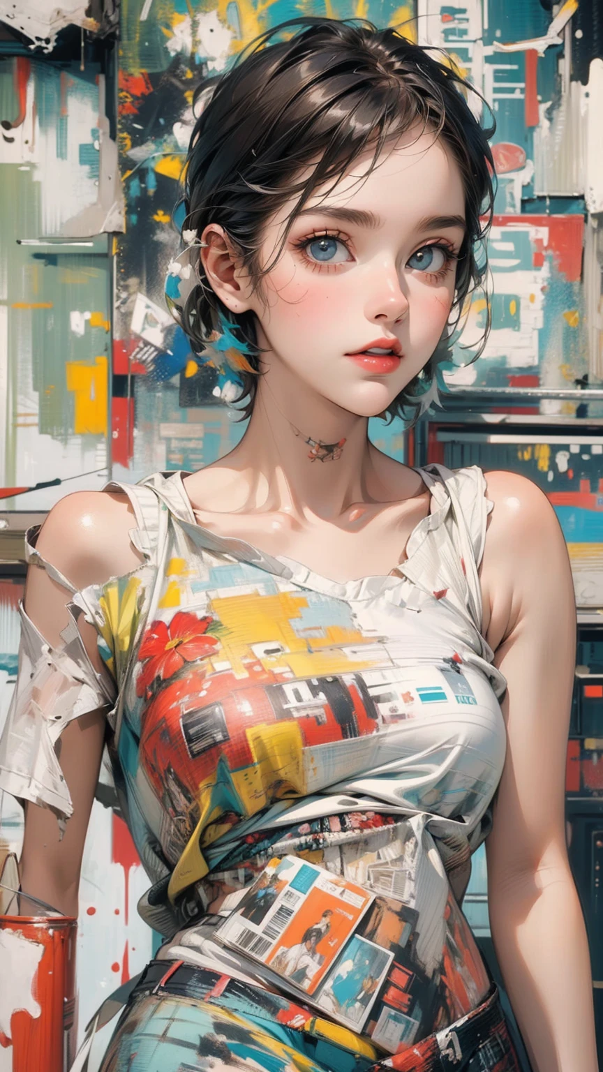 (masterpiece, High resolution, highest quality), Composition from head to thighs:1.3, Upper body focus, 20-year-old woman, Exposed Skin, Asymmetrical short hair, Disorganized, Magazine and paint collage, abstract design, artistic juxtapositions, mixed-media approach, Digital Painting,