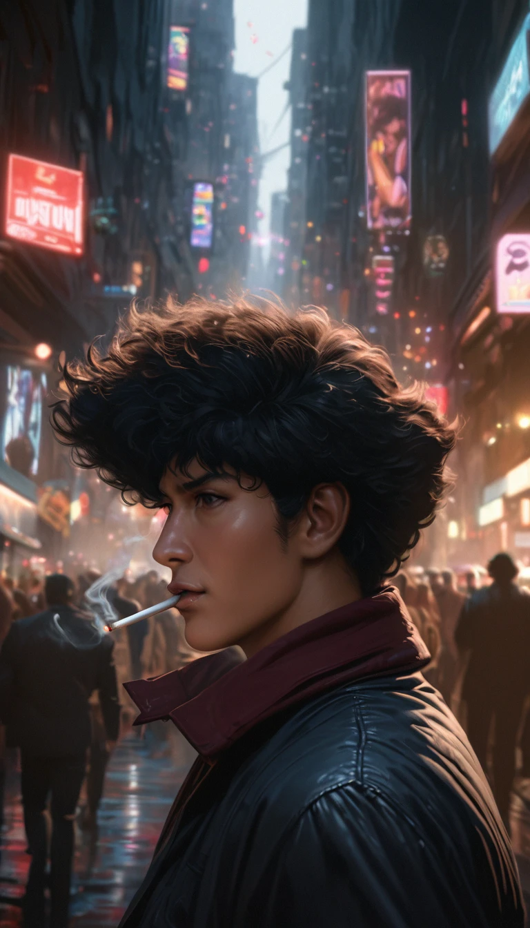 spike spiegel,walking down the street in a space City,nonchalantly smoking a cigarette,cowboy bebop style,illustration,ultra-detailed,realistic,photorealistic:1.37,(best quality,4k,8k,highres,masterpiece:1.2),vivid colors,bokeh,dark and moody lighting