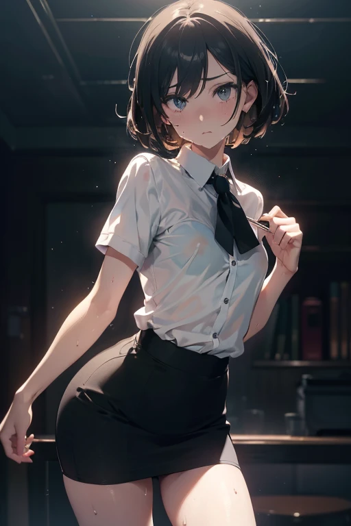 (high-definition image), eyes realistic sizing, Slender Figure: 1.4, (small breasts), (black short pencil skirt,White short-sleeved collared shirt), (Women's casual clothing that is unbuttoned), very long legs, of sweat, The legs are small and slender, (not wearing underwear), (Showing pussy), Use your hand to open the skirt, Sweating around girls, Dripping sweat, (masturbation facial expression), (There is a lot of pubic hair), wet pussy, (full body picture), (Stand with your butt facing the camera), beautiful illustration, cinematic lighting, crave, It's on the seaside where there are many people