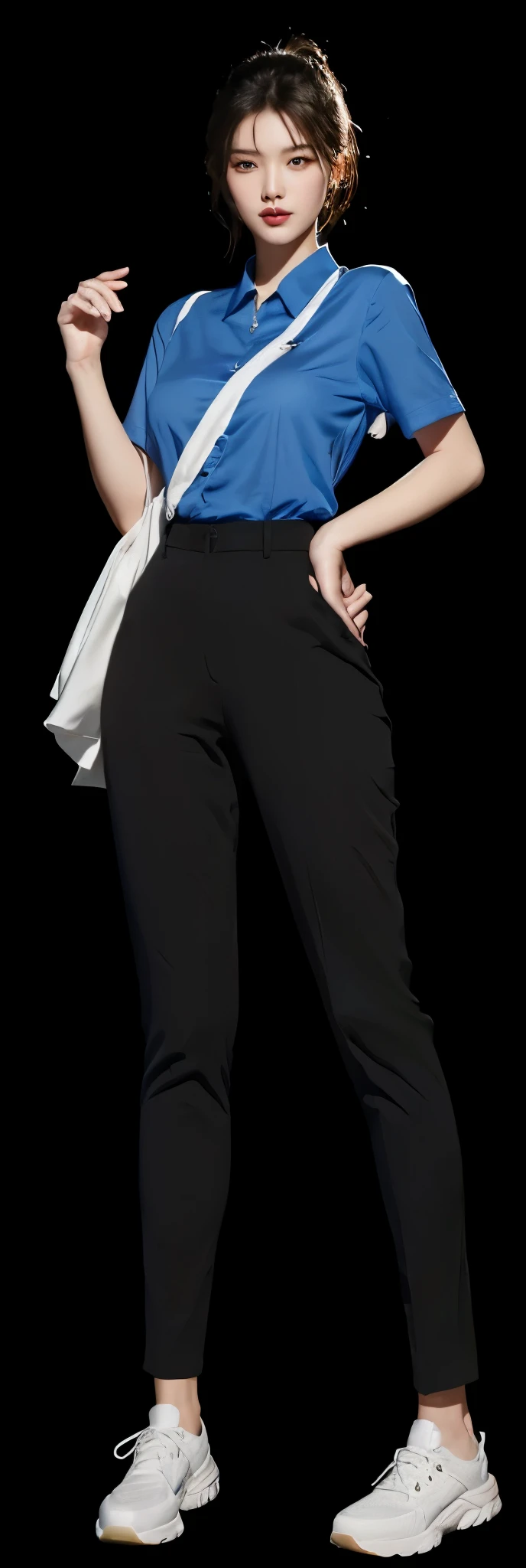 Close-up of woman wearing blue shirt and black pants, full body details, Inspired by Shen Si Zheng, Full body close-up, !!Full body portrait!!, elegant digital art, Highly detailed full body, full body details, women's clothing, female whole body, Full body portrait, Single character whole body, Reduce body size, masterpiece, best quality, (Extremely detailed CG unified 8k wallpaper), (best quality), (Best Illustration), (The best shadow), absurd, Realistic lighting, (abyss), Beautiful and detailed light, Artworks by Peter Mohr Bacher,
