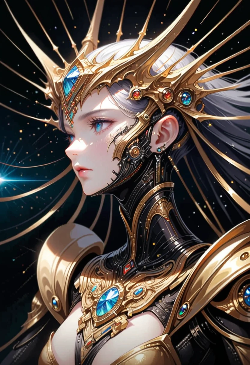 Complex 3D rendering ,Beautiful porcelain contoured mechanical Cowboy, cyborg, integrated circuit parts, Cowboy hat, rim light, Vibrant details, Luxury Cyberpunk, lace, hyperactual, anatomical, cable wires, microchip, elegant, beautiful Starry Sky background, octane rendering, H. r. Fixture style, 8k, best quality, masterpiece, illustration, extremely delicate and beautiful, Very detailed ,CG ,unity ,wallpaper, (actual, photo-actual:1.37),amazing, Exquisite details, Silver ead
