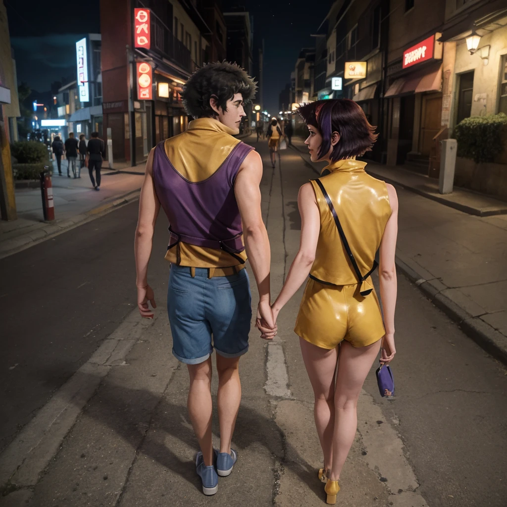 (masterpiece, best quality:1.2), 1boy and 1girl, Spike Spiegel, Faye Valentine, from above, from behind, they are walking together in a street by night