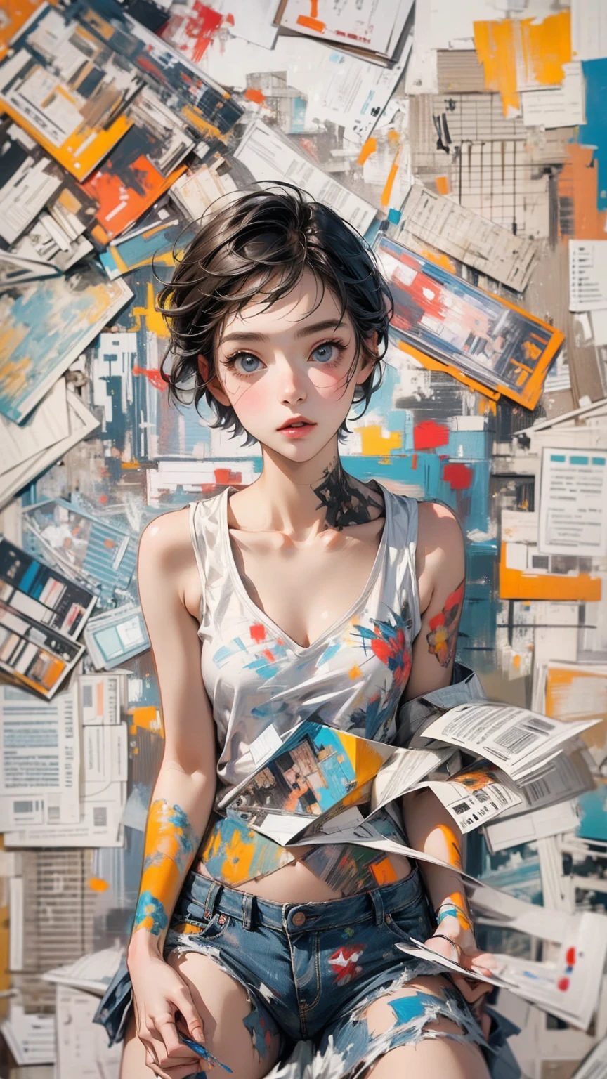 (masterpiece, High resolution, highest quality), Composition from head to thighs:1.3, Upper body focus, 20-year-old woman, Asymmetrical short hair, Disorganized, Paper and paint collage, abstract design, artistic juxtapositions, mixed-media approach, Digital Painting,