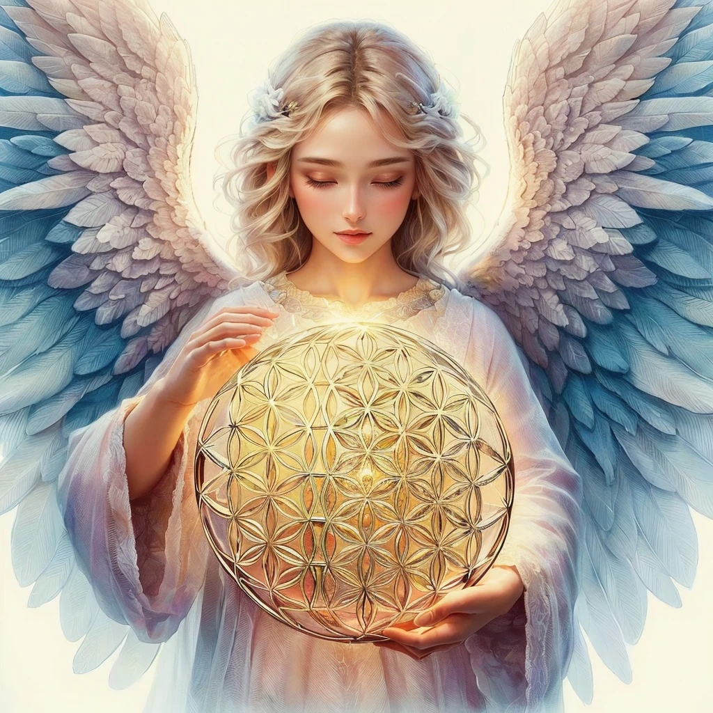 angel holding a Flower of Life ball with wings, ethereal Angelic being of light, Flower of Life, sacred feminine, glowing Angelic being, Angelic light, Angelic purity, Metatron, beautiful female angel, Angelic, Angelic霊の導き, of beautiful angel, beautiful angel, infinite Angelic wings, Angelical, anna dittman, goddess. very high detail, Flower Hair Ornaments