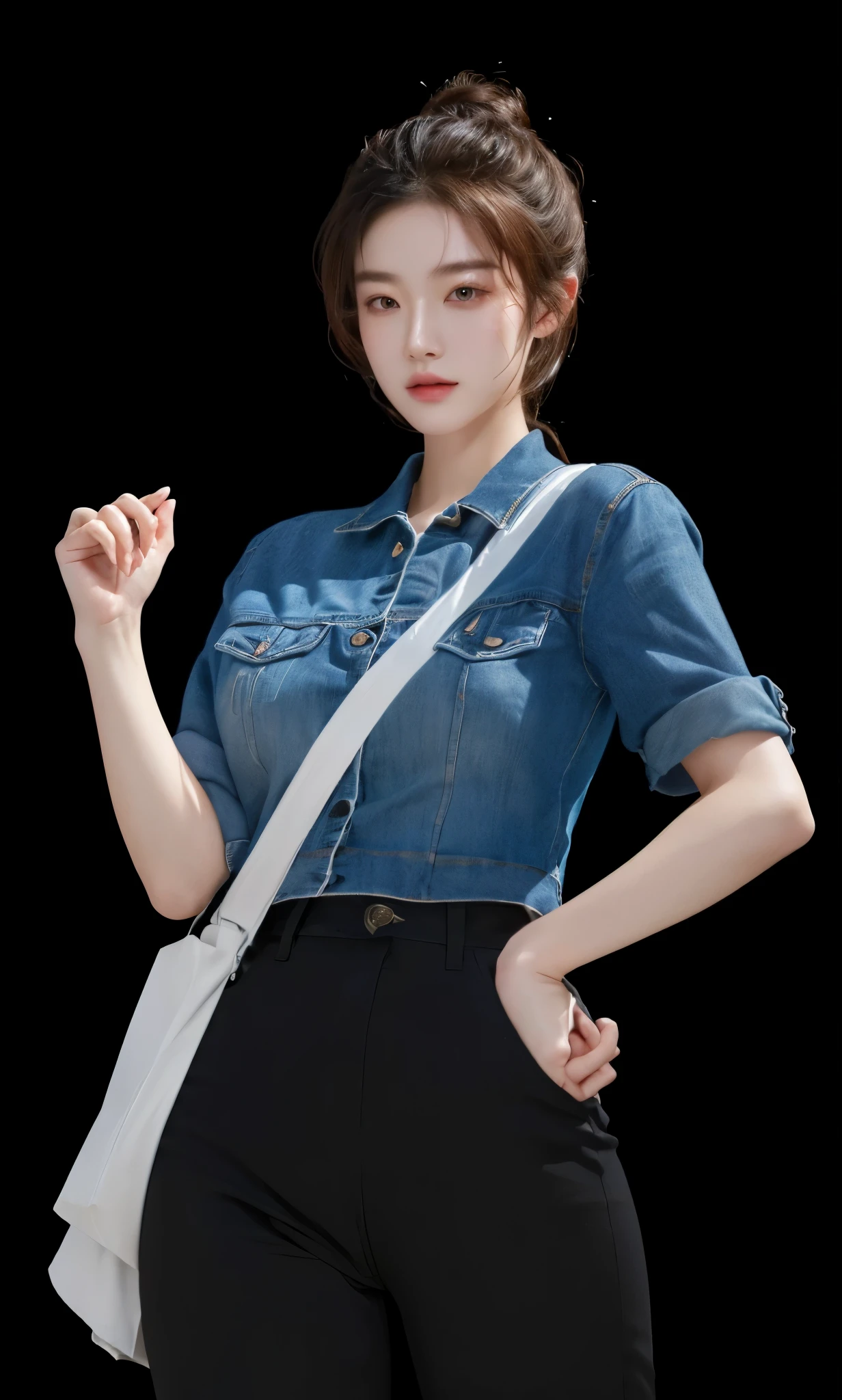 Actor Zhao Jinmaizi, Denim jacket,Ball head, Perfect hair, masterpiece, best quality, (Extremely detailed CG unified 8k wallpaper), (best quality), (Best Illustration), (The best shadow), absurd, Realistic lighting, (abyss), Beautiful and detailed light, Artworks by Peter Mohr Bacher,Close-up of woman wearing blue shirt and black pants, full body details, Inspired by Shen Si Zheng, Full body close-up, !!Full body portrait!!, elegant digital art, Highly detailed full body, full body details, women's clothing, female whole body, Full body portrait, Single character whole body, Reduce body size, masterpiece, best quality, (Extremely detailed CG unified 8k wallpaper), (best quality), (Best Illustration), (The best shadow), absurd, Realistic lighting, (abyss), Beautiful and detailed light, Artworks by Peter Mohr Bacher,
