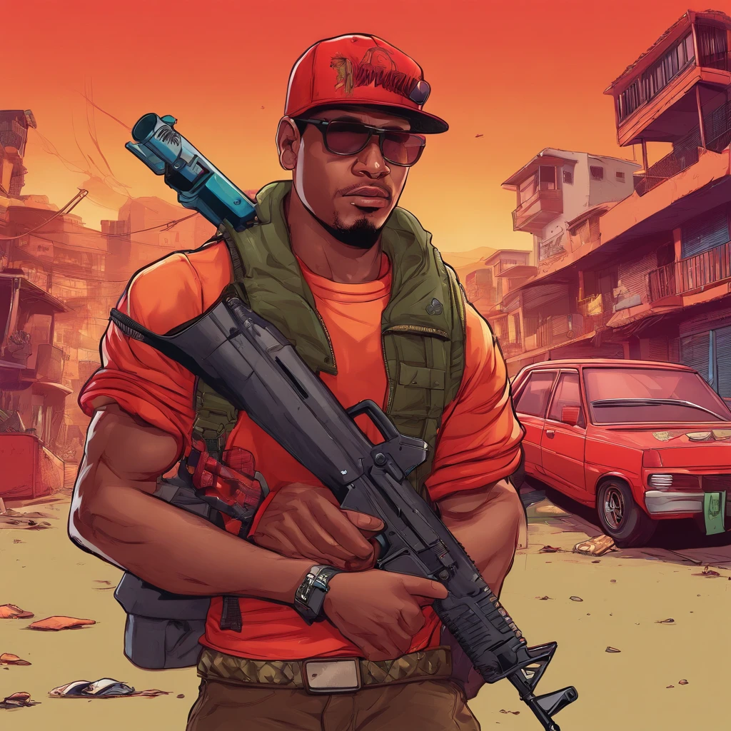 um homem com uma roupa vermelha em uma favela, segurando um rifle, (rosto e corpo extremamente detalhados), cores vibrantes, (retrato), tom de cor vermelha, dramatic lighting, (melhor qualidade, ultra-detalhado, Altas), Realistic