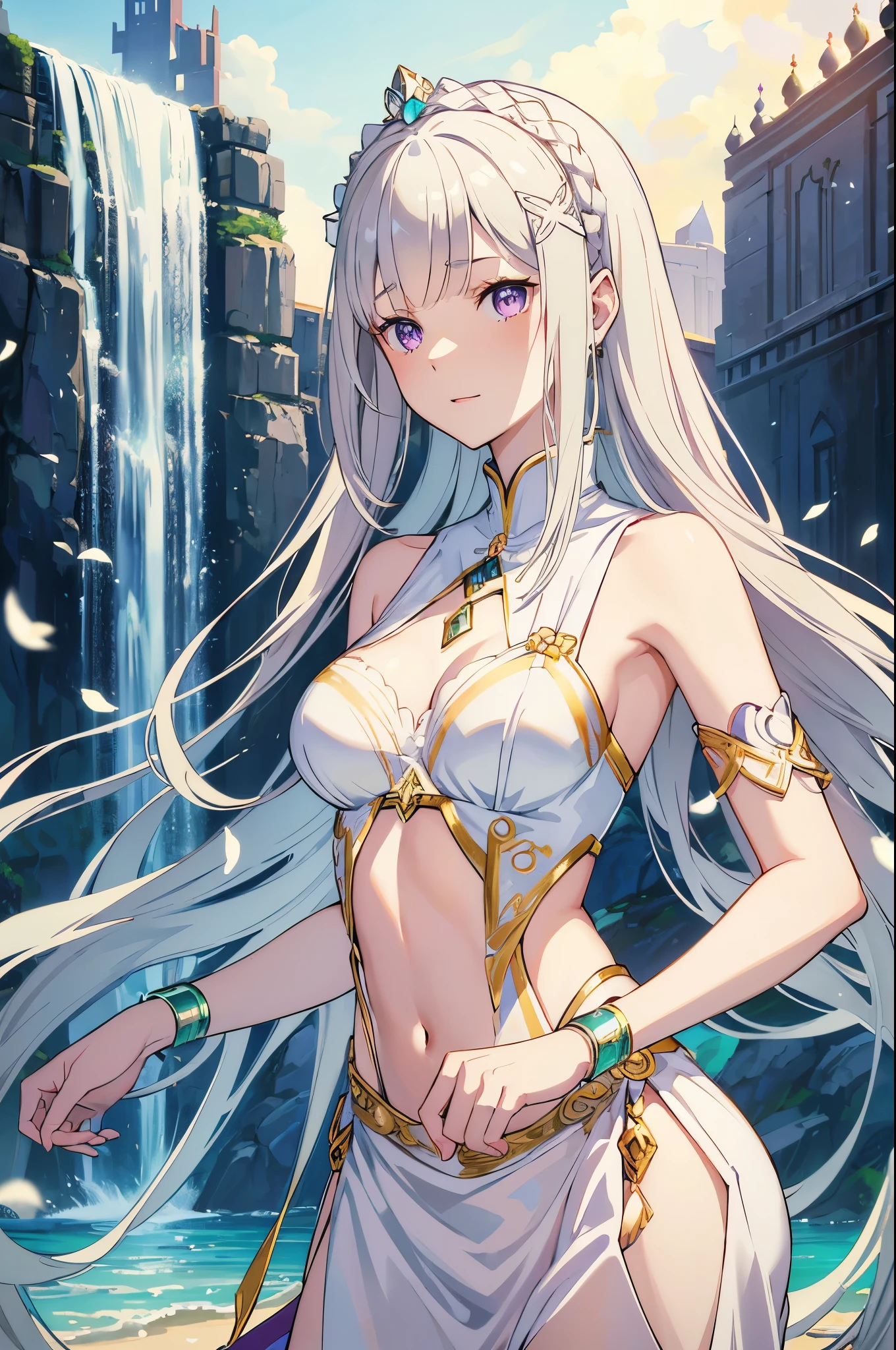 masterpiece, highlydetailed, ultra-detailed, solo, (1girl), (pale skin), Emilia re:zero, purple eyes, Emilia, crown braid, x hair ornament, flower hair ornament, white hair, long hair, medium breasts, young lady, lady chara, medium , goddess, kuudere girl, (Arabian background), (desert), (Arabian gorgeous clothes), (smile:0.8), (harem pants), (tube top), (shawl), (headpiece), (jewelry), (princess), (elegant), (beautiful), (half body)