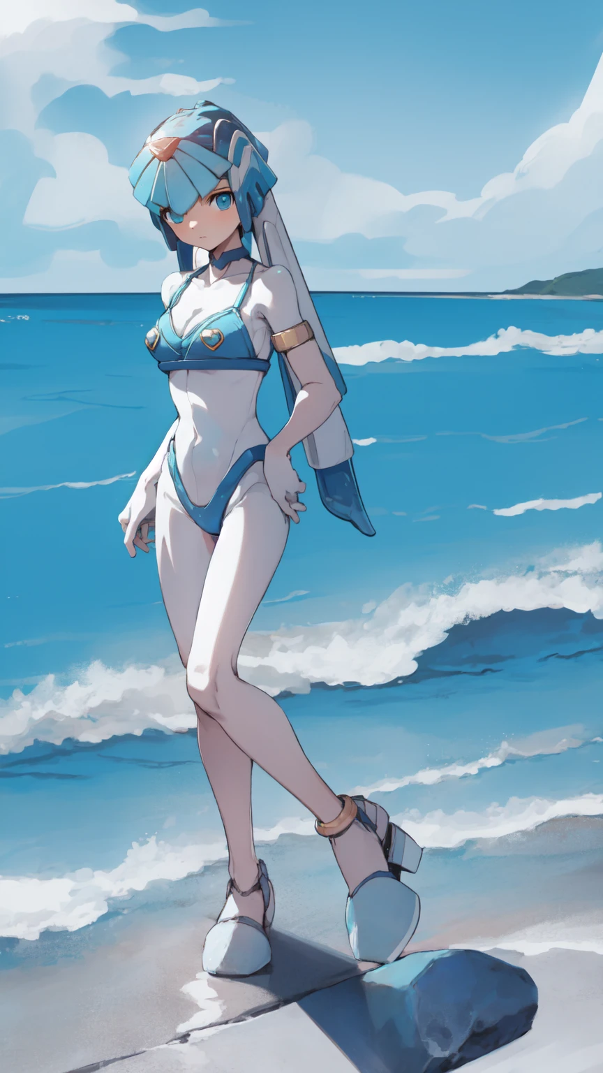 beach background, Standing, leaning on a rock, looking towards the sea sonrojarse , Blue Micro bikini, Blue eyes , full body