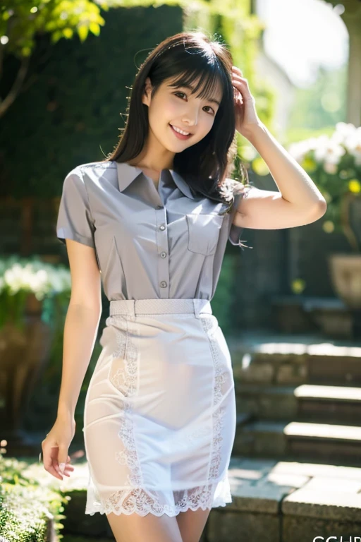 thin、Office uniform with short sleeves、OL Shirt、gray、grey、The hem is protruding