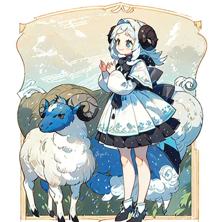 Natural blue sheep, A blue sheep style girl stands next to a blue sheep, Petting sheep, young girl, female sheep, excited face, sweet moment, farm, many white sheep in the background.