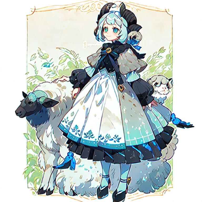 Natural blue sheep, A blue sheep style girl stands next to a blue sheep, Petting sheep, young girl, female sheep, excited face, sweet moment, farm, many white sheep in the background.