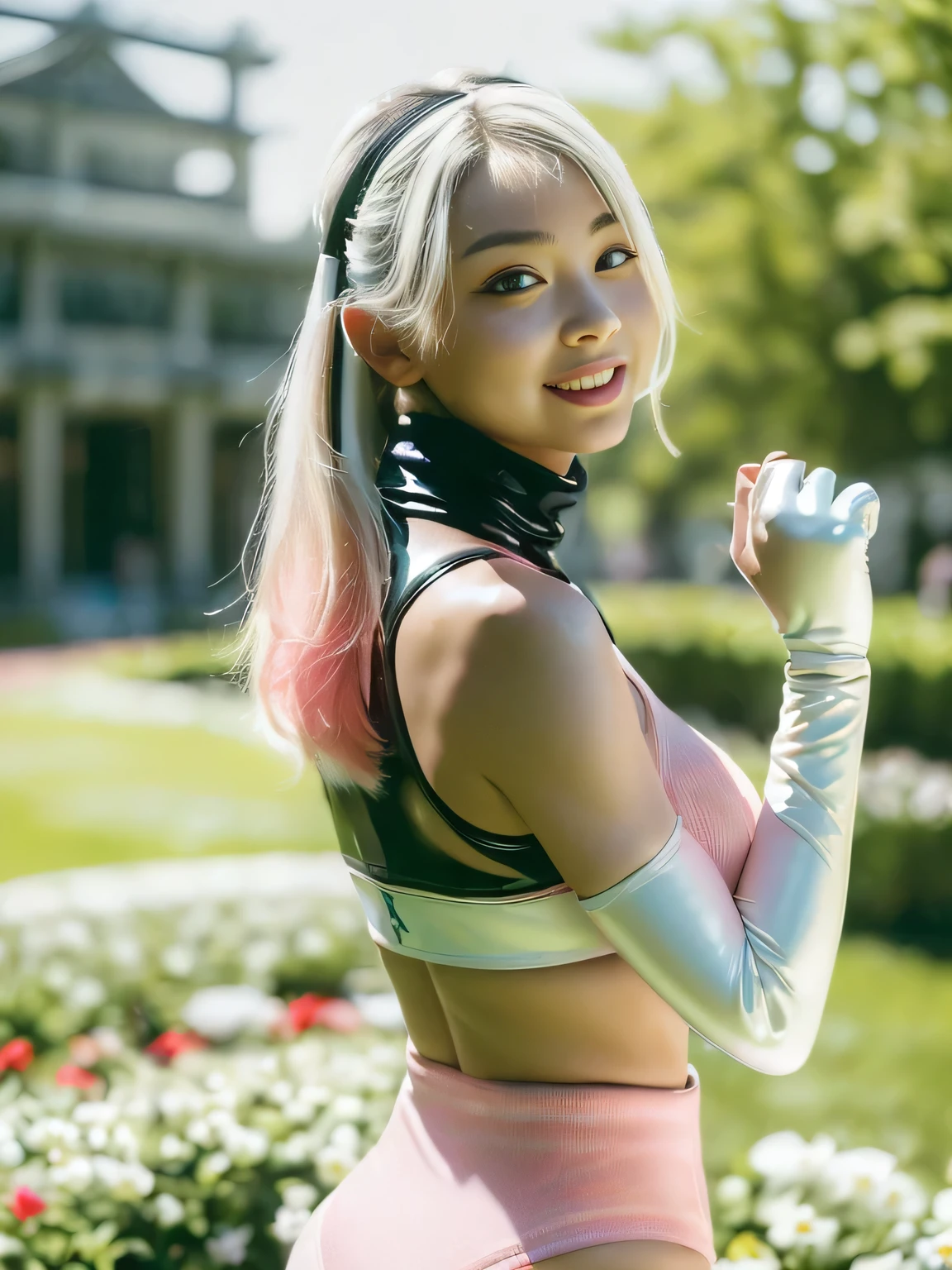 (realistic:2),(masterpiece:2), (highest quality:2),(High-definition face drawing:1.4),(RAW photo:1.3),,(cinematic natural light effects:1.3)(everything is beautiful and perfectly balanced), (Smile of a very happy age girl:1.2),(Japanese: 1.2),(small face:1.2), (dynamic pose:1.5), (Large eyes with good balance between both eyes:1.5), (Latex sports bra: 1.5), (Latex turtleneck: 1.5), (Latex spats: 1.5), (Latex supporter from wrist to upper arm: 1.5), (Cleavage: 1.5), (Underboob: 1.5 ), (huge breasts: 1.7), (slim waist: 1.3), (big butt: 1.7), (thighs: 1.7), (different coloring for each part, black and white red pink: 1.4), (athlete's physique :1.3), (A garden with multiple flowers blooming, a secret garden:1.2), extreme light effects, blonde hair