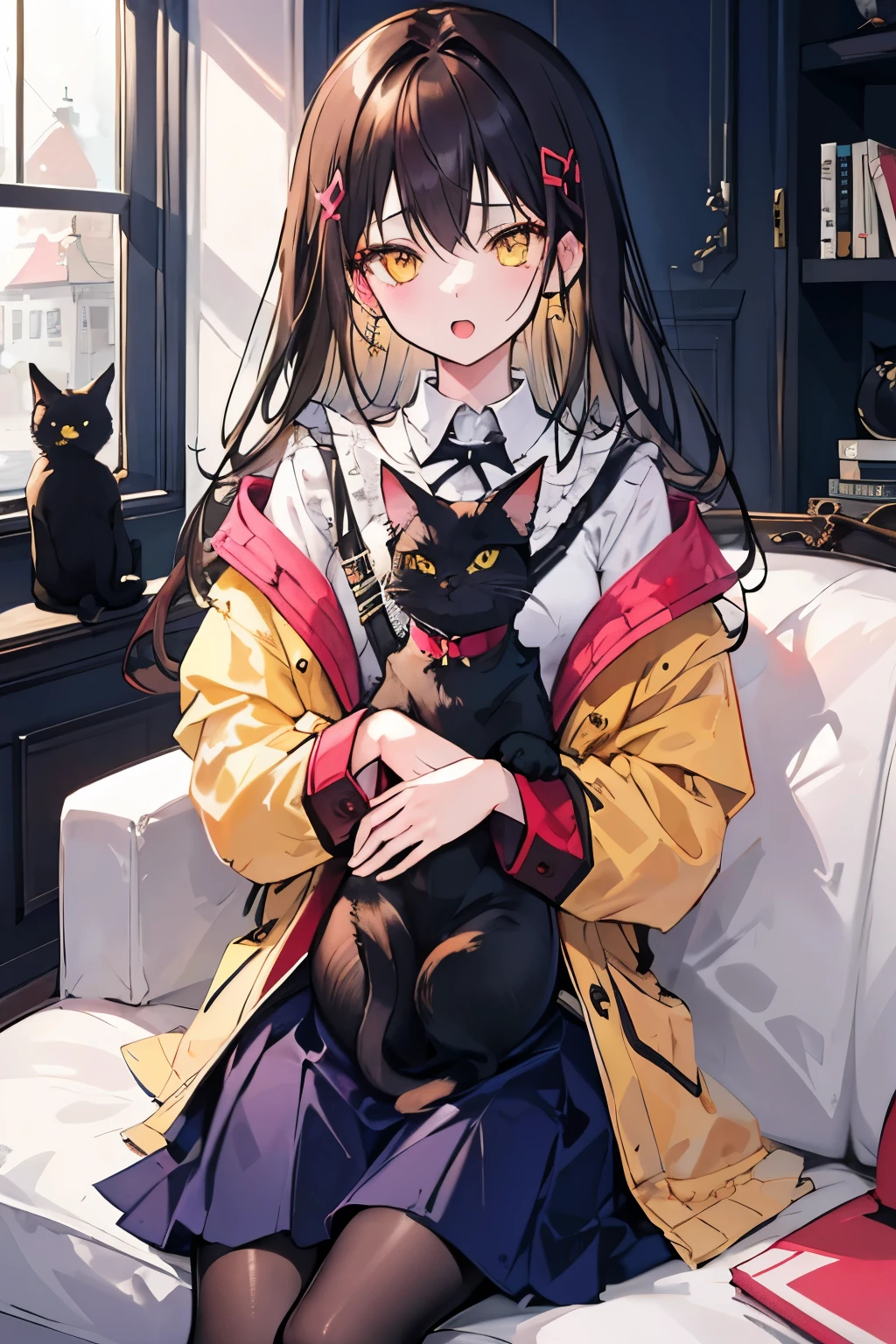 Girl and cat、Black cats with yellow eyes staring at each other、cute、The coat is clean、Stand up、
high school girl、Girl with brown hair、
Background is sofa in house、