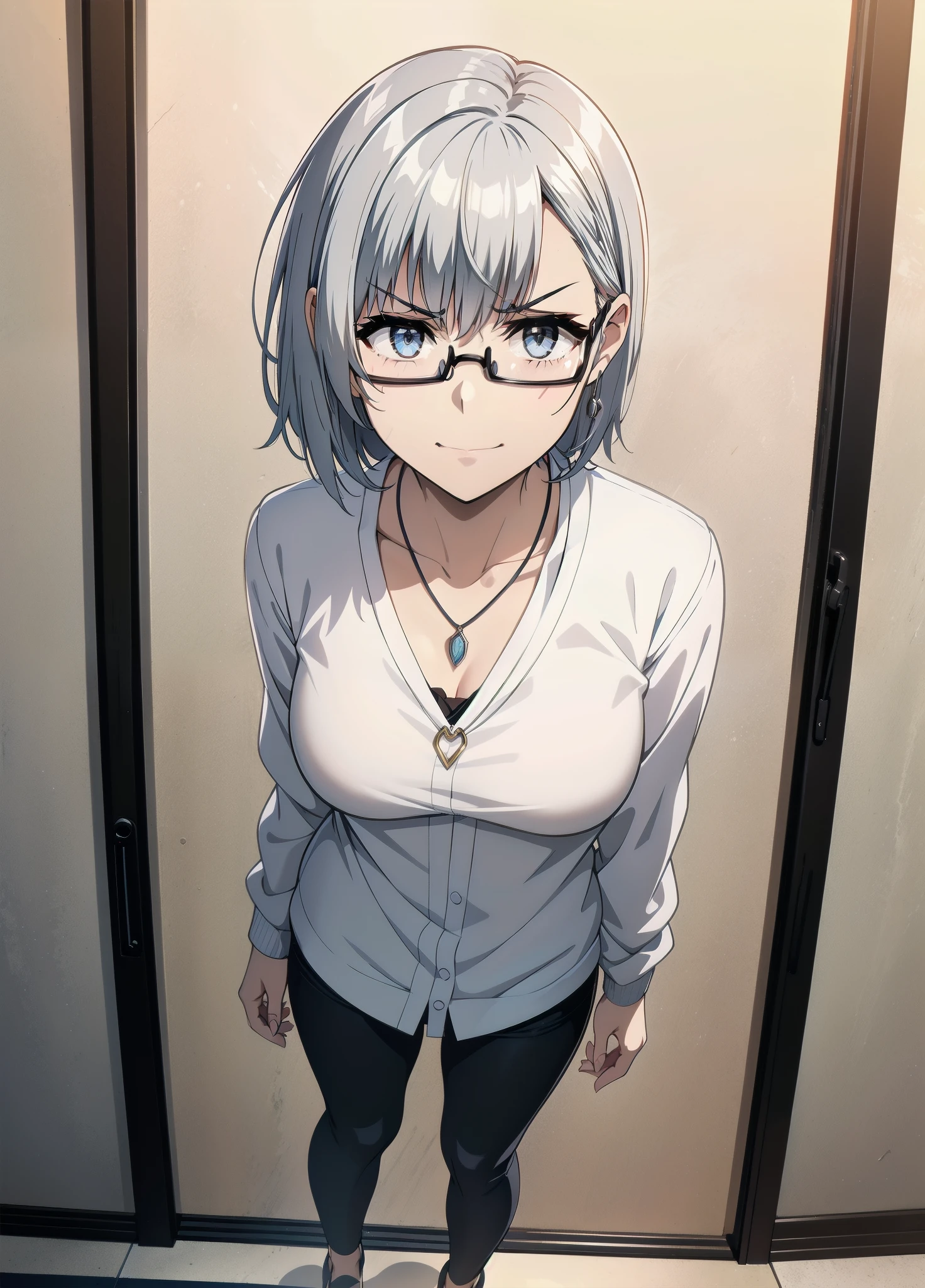 1girl, alternate_costume, bespectacled, closed_mouth, collarbone, glasses, jewelry, necklace, pendant, semi-rimless_eyewear, short_hair, silver_hair, smile, solo, under-rim_eyewear,very angry disappointed,full body
