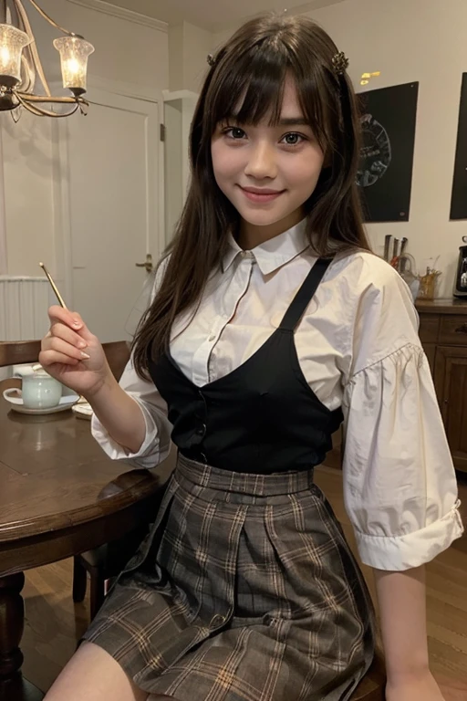 masterpiece, 1girl, 10 year old, beautiful bangs, full body image, wearing a Vintage Gothic high waist long school skirt, on dinner table, photo from phone, casual photo, beautiful eyes, beautiful facial structure, realistic, smiling, cute, Asian,