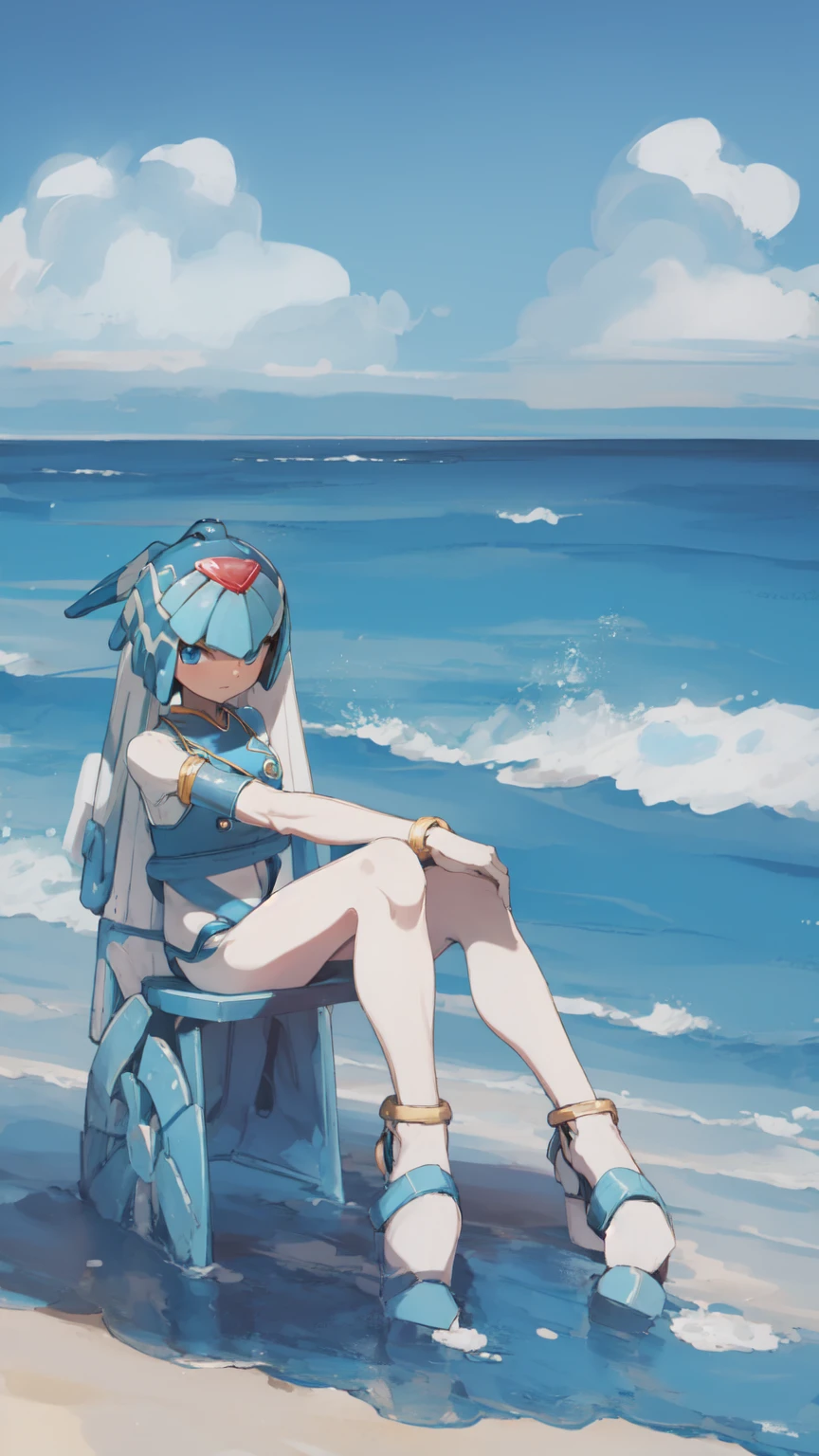 beach background, Standing, leaning on a rock, looking towards the sea flushed , Blue Micro bikini, Blue eyes , Sitting on a sea chair
