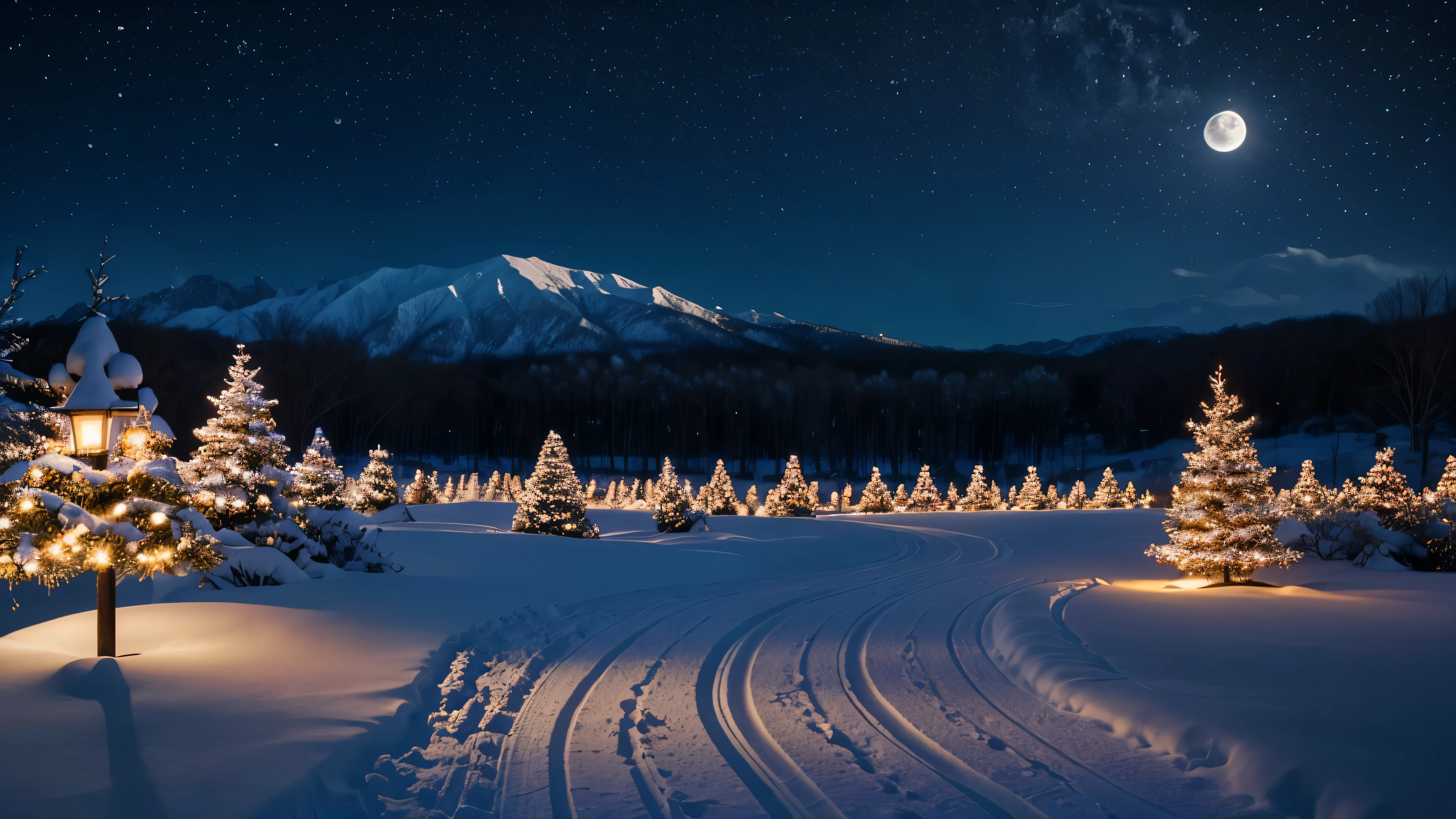night, moon, Snowy Path, flower garden, It's snowing, Snow is falling from the sky,candle,吹snow,lanthanum, Snow Flower,flower garden,warm light,Gentle Light, Surrealism, Hyperrealism, cinematic lighting, sparkle, multiple views, UHD, masterpiece, higher, winter scenery, snow, firefly, brilliance