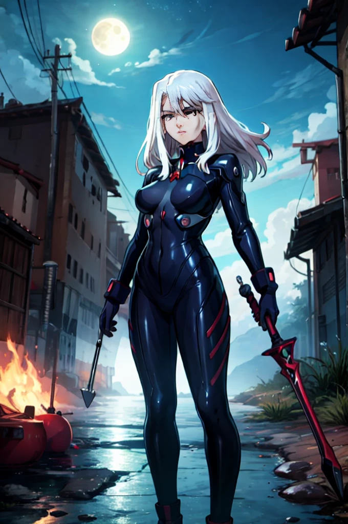 illyasviel_von_einzbern in the style of evangelion, shiny_skin, (clothe inspired by evangelion, aliens, gunbuster, gunnm, metal gear, death stranding), impossible_clothes, bodysuit, white & red bodysuit, suit, pilot suit, jumpsuit, plugsuit, armor, shiny_clothes, jacket, cybernetics suit, gloves, gainax anime style, studio gainax art, studio gainax illustration, inspired by Masamune Shirow, studio gainax, big breasts, two_side_up, full body, can't be this cute, girl on top, long_hair, white_hair, silver_hair, floating_hair, hair_between_eyes, asymmetrical hair, red_eyes, looking_at_viewer, outdoors, holding, holding_weapon, Spear of Longinus, cowboy_shot, background, glowing, moon, red, red moon, full_moon, moonlight, star_(sky), night, city, building, cityscape, science_fiction, ((mature female, mature, milf)),