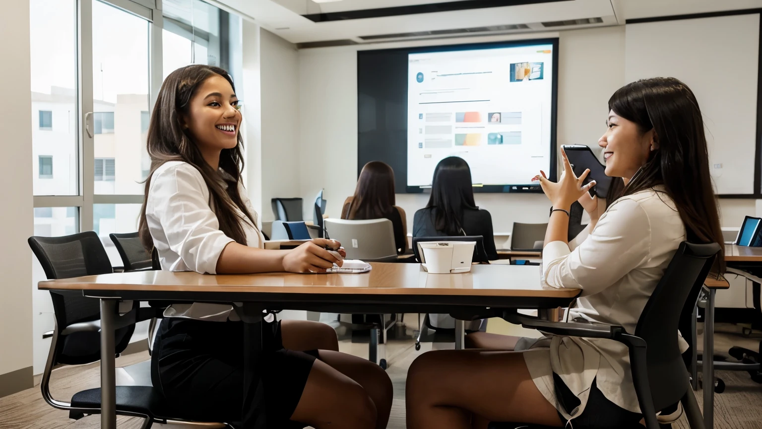 Happy young people from various ethnicities listen to a teacher's class on social media management inside a well-decorated modern conference room, beautiful and bright, with chairs and tables, all with powerful computers.