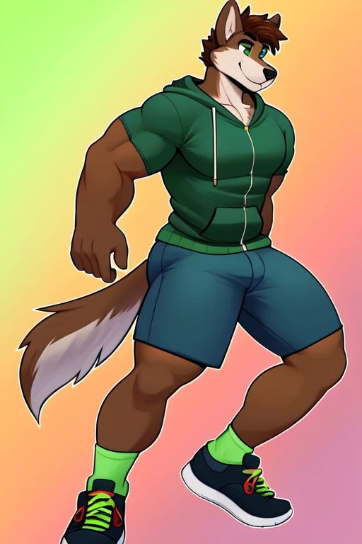 Art by Rubberbuns, Furry, anthropomorphic wolf, Russet brown fur, dark brown hair, dark sap green eyes, 6'1 and 173 lbs, 41" Chest, 19" Shoulders, 13" Biceps, 32" waist, 23" Thighs, 15" Calves, 19" Back, wearing lime green hoody, zipper on hoody, wearing gray-green T-shirt, wearing Grayish-green sweat shorts, wearing dark slate gray slip on shoes, soft colors, vivid colors, pastel colors, soft shading 