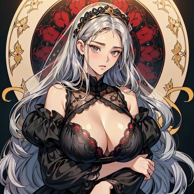 (Anime Moe Style)),((game CG)),(masterpiece),(highest quality), (Very detailed),shape,((Very delicate and beautiful)),　,Embarrassed expression,Watching the audience,(((18 years old female)),((whole body)),Detailed face and eyes,Intense eyes like jewels,(Complicated hairstyle),,,(Super huge breasts,Long and saggy breasts,）　　　　Voluptuous body　Silver hair, black eyes　　A long-sleeved, long-skirted dress made of gorgeous all-lace. A body-hugging lace dress. Gorgeous black and red lace fabric. Princess line with gold thread. Sleeveless. Turning-around beauty. Veil on head.