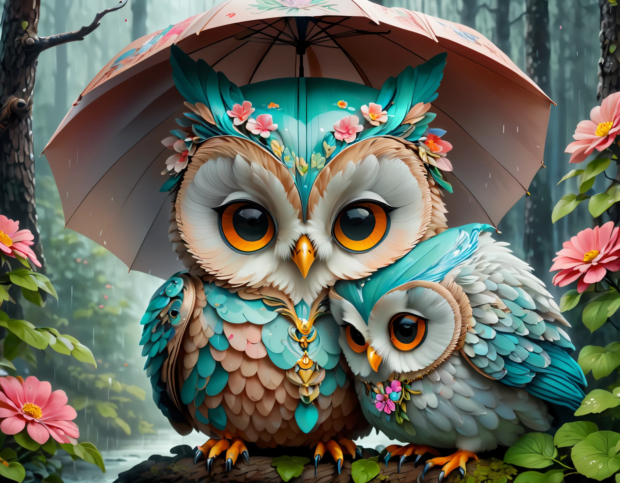 (Color the colorful mother owl and baby owlet with flowers),(big umbrella),(Mother owl holding an umbrella,Hold her in your arms:1.37),caring expression, Background with:(Forest with heavy rain:1.3),(it's raining heavily),
cute detailed digital art, Beautiful digital painting, Enchanting digital art, Beeple and Jeremiah Ketner, Cute Owl, nice detailed work,cute 3D render, digital painting with high detail, cute colorful adorable, highly detailed digital image, very detailed and colored, Digital art with high detail, Cute work of art
