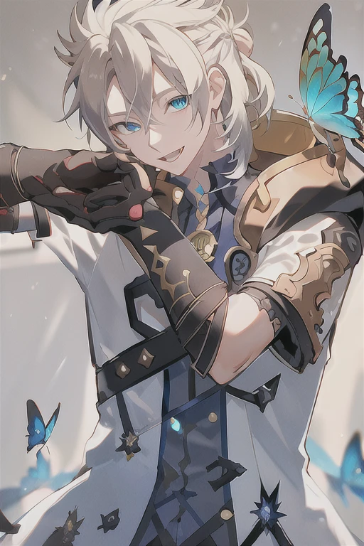 albedo (genshin impact), 1boy, male focus, gloves, solo, blue shirt, blue eyes,  butterfly, shirt, open mouth, black gloves, smile, short sleeves, bangs