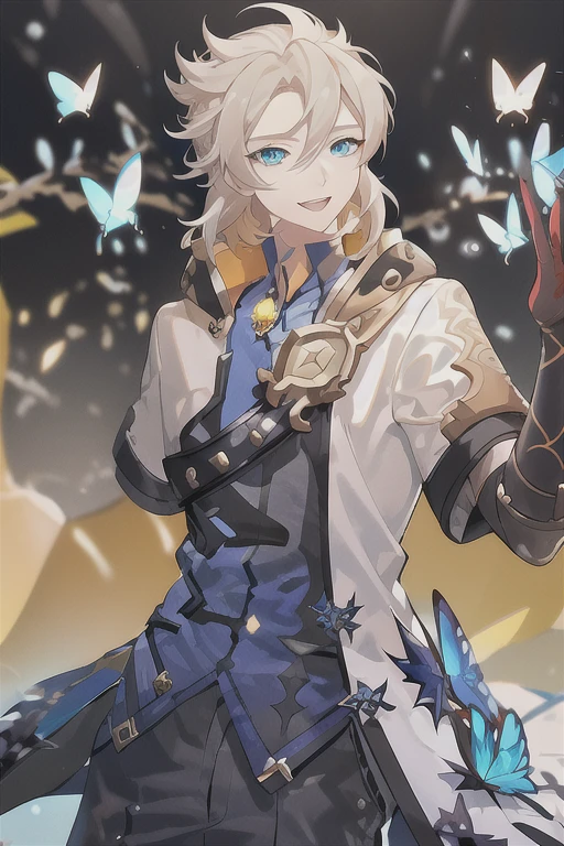 albedo (genshin impact), 1boy, male focus, gloves, solo, blue shirt, blue eyes,  butterfly, shirt, open mouth, black gloves, smile, short sleeves, bangs