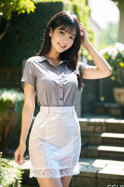 thin、Office uniform with short sleeves、OL Shirt、gray、grey、The hem is protruding、The slip below is visible