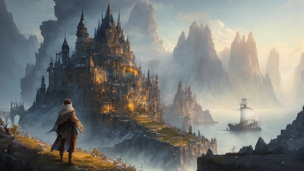 "(by Greg Rutkowski: 1.2), (masterpiece), ((best quality)), extremely delicate and beautiful, illustration, dynamic lighting, (fantasy landscape), A mesmerizing fantasy landscape with enchanting elements blending seamlessly. ((Hero arriving on a ship to a winter land medieval coastal city to begin his adventure)), A sense of tranquility and wonder fills the air, inviting exploration and discovery. Providing a distant view that captures the grandeur and atmosphere. From Brian Froud and Carne Griffiths and Wadim Kashin and John William Waterhouse, 8K post-production, high resolution, ((highly detailed)), depth of field, HDR, intricate"