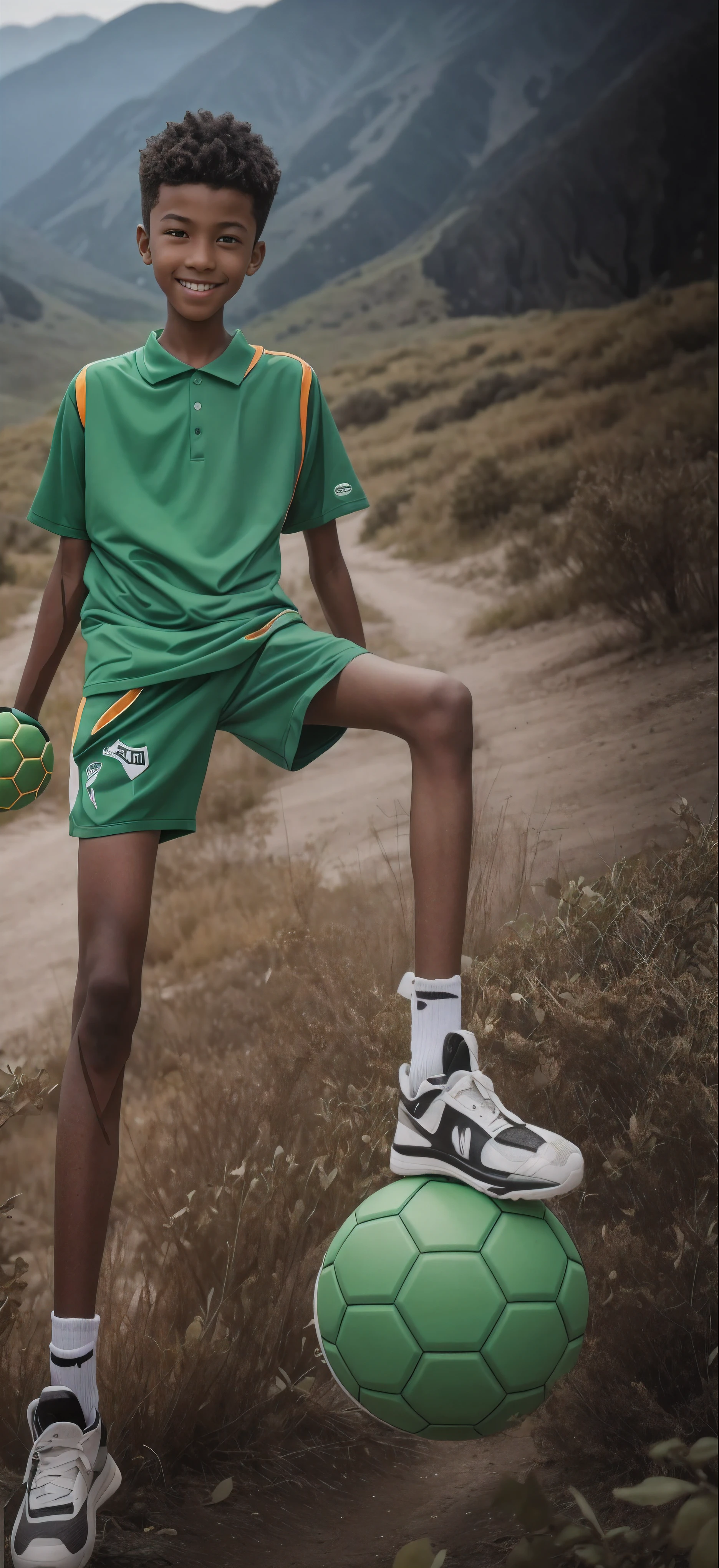 14 year old boy,(Wearing an apple green tennis suit,Wearing orange socks),Dark skin,Big round eyes,very short hair,Tall and skinny,toothy smile,There are stars in the sky,There is a starry universe above my head,Galaxy,flying through the air,Sword flying