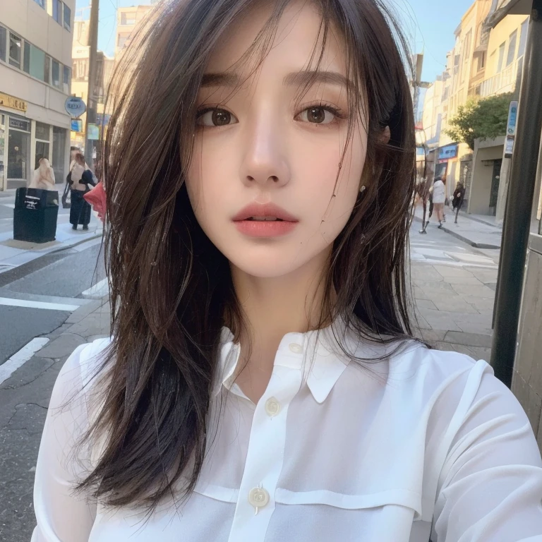 ((Highest quality, 8K, masterpiece:1.3)), sharp:1.2, Beautiful woman with perfect figure:1.4, Slim Abs:1.2, ((Layered Hairstyles, Huge boobs:1.2)), (Wet white buttoned long shirt:1.1),(rain,Street:1.2),get wet:1.5,Highly detailed face and skin texture,Detailed eyes,double eyelid,Glancing sideways at the camera,Hong Kong People